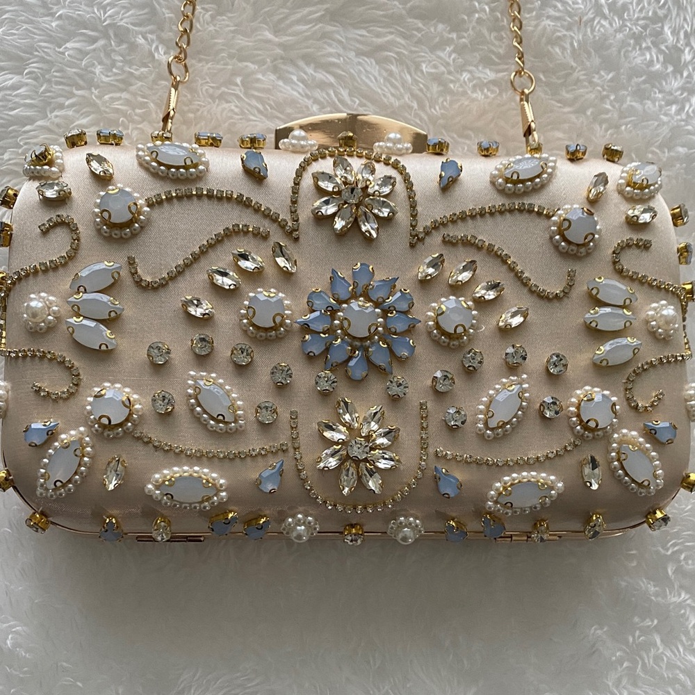 Embellished Pearl-Accent Evening Clutch in Cream